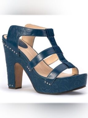 Y Knot Blue Tooled Leather Western Slide Sandals Silver Studs Size 7